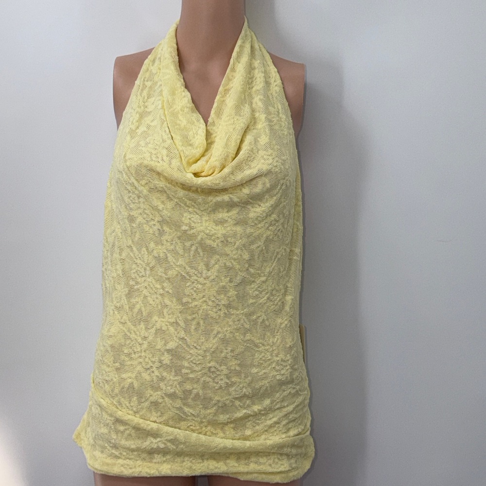 Milk Honey L Yellow Lace Halter Top Cowl Neck Backless Boho Euro Summer Festival